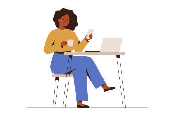Black Woman chatting on a smartphone sitting at the cafe table. Happy freelancer or office female working remotely use a laptop. African girl looking at the phone, drinking coffee at the workplace.